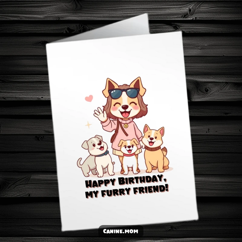 Funny free printable birthday card: a dog lady enthusiastically waving hello to all the neighborhood dogs.