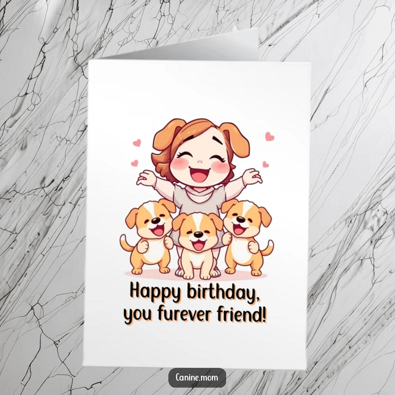 Funny Free Printable Birthday Card: A dog lady gleefully juggles three happy, wagging puppies, a birthday bonanza.