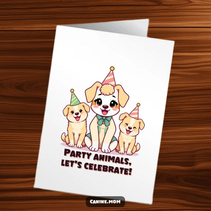 Funny Free Printable Birthday Card featuring a Kawaii dog lady with pups in party hats, celebrating joyfully.