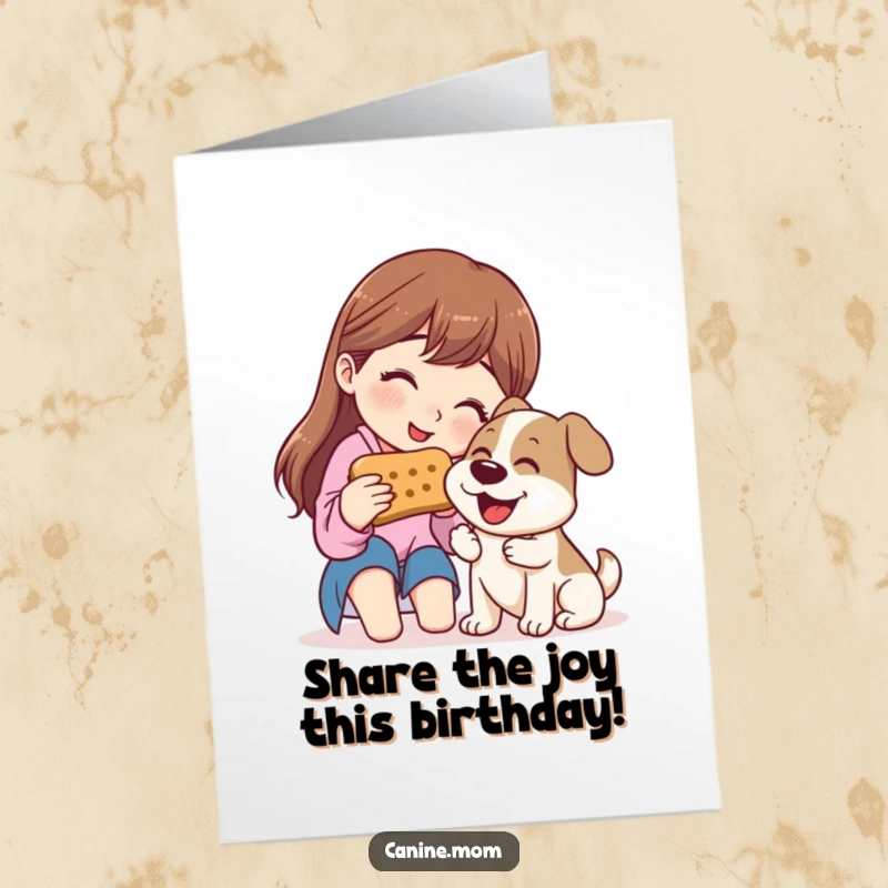 Funny Free Printable Birthday Card: Woman sharing a giant dog biscuit with a happy dog, a moment of shared joy.