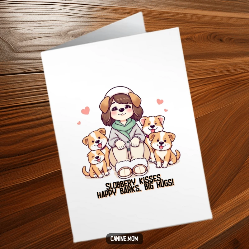 Funny Free Printable Birthday Card featuring a cozy dog lady embracing her pack of ecstatic, playful dogs.