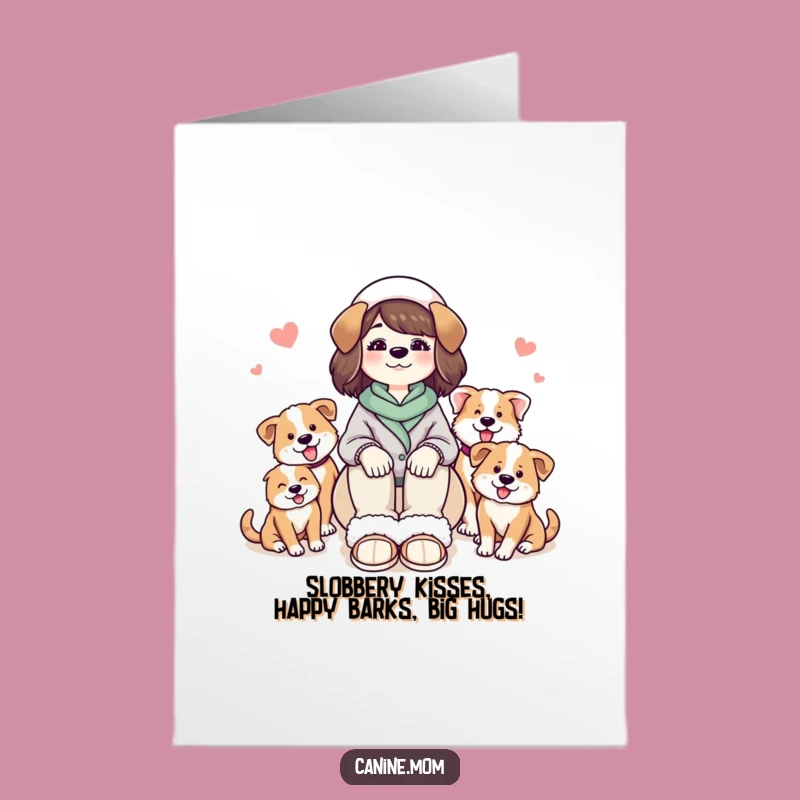 Free Printable Birthday Card: Cozy Dog Lady & Happy Pups - Funny Downloadable Gift