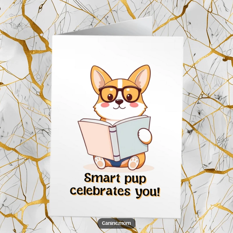 Funny Free Printable Birthday Card shows a studious corgi with spectacles engrossed in a large book, ready for a birthday toast.