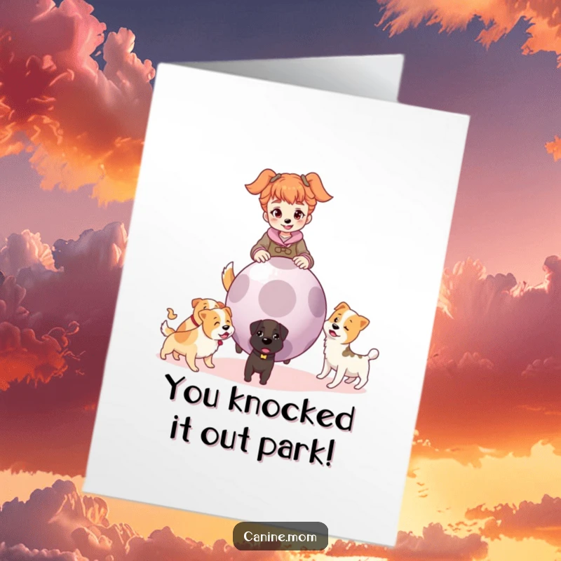 Funny Free Printable Congratulations Card: Dog lady playing fetch with a giant ball and happy dogs, a winning DIY gift.