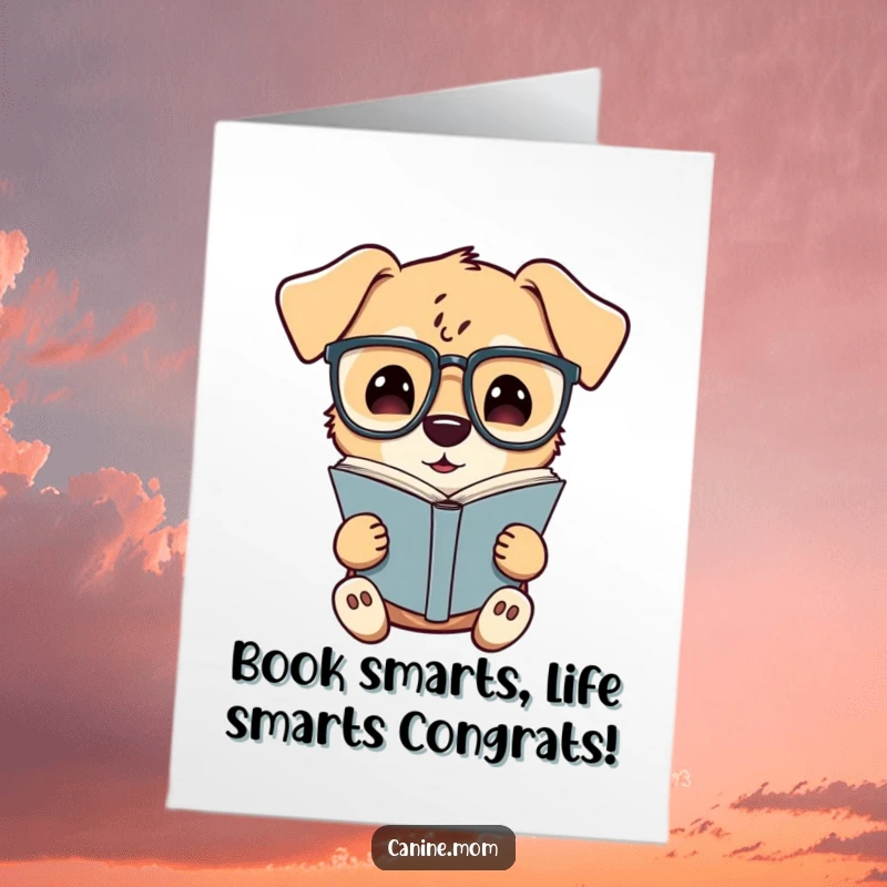 Funny Free Printable Congratulations Card: Intelligent dog with spectacles, a smart and humorous downloadable gift for achievers.