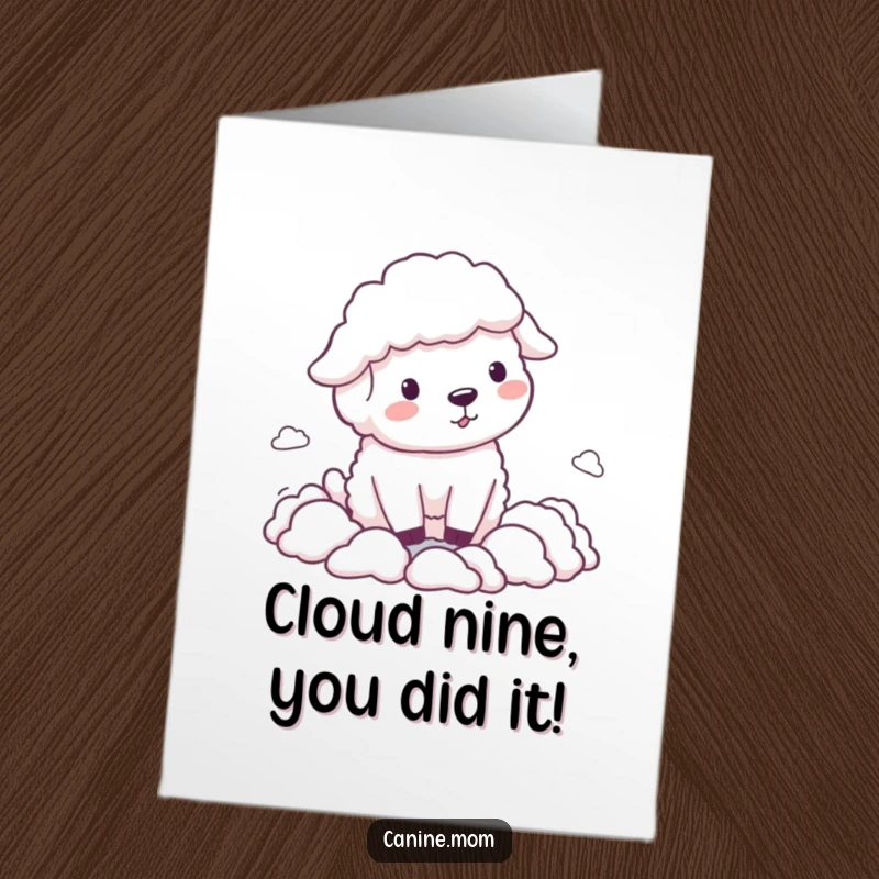 Funny Free Printable Congratulations Card showing a happy sheepdog rounding up fluffy clouds, expressing joyous congratulations.