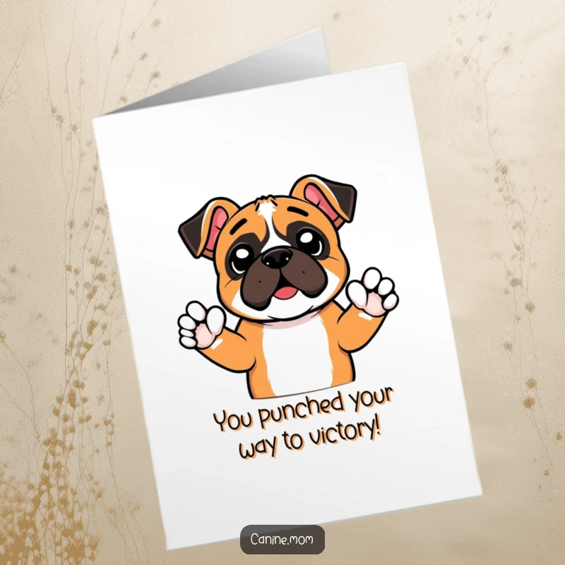 Funny Free Printable Congrats Card: A boxer cheers wildly with tiny paws up, a perfect downloadable champion's greeting.