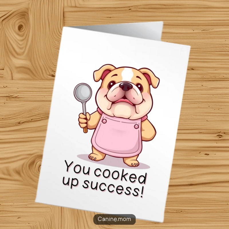 Funny free printable congratulations card of a proud bulldog chef in an apron, holding a soup ladle, celebrating a culinary win.
