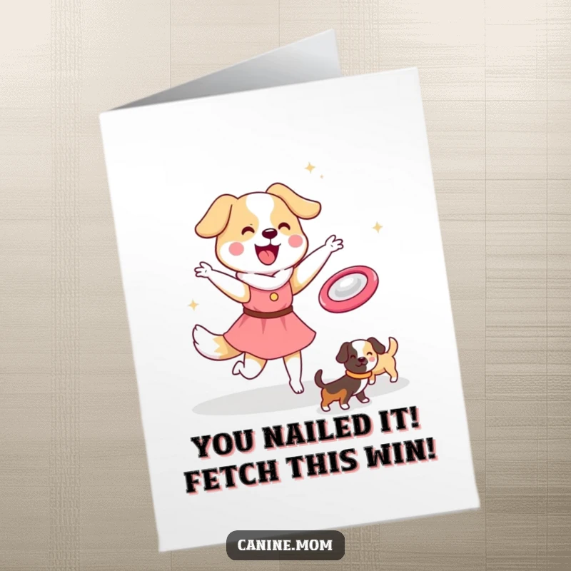 Funny Free Printable Congrats Card: Kawaii dog lady joyfully throwing a frisbee, celebrating success.