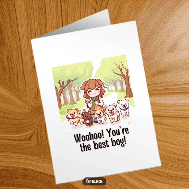 Funny Free Printable Congrats Card: Kawaii dog lady enjoying a park day with happy dogs running around.