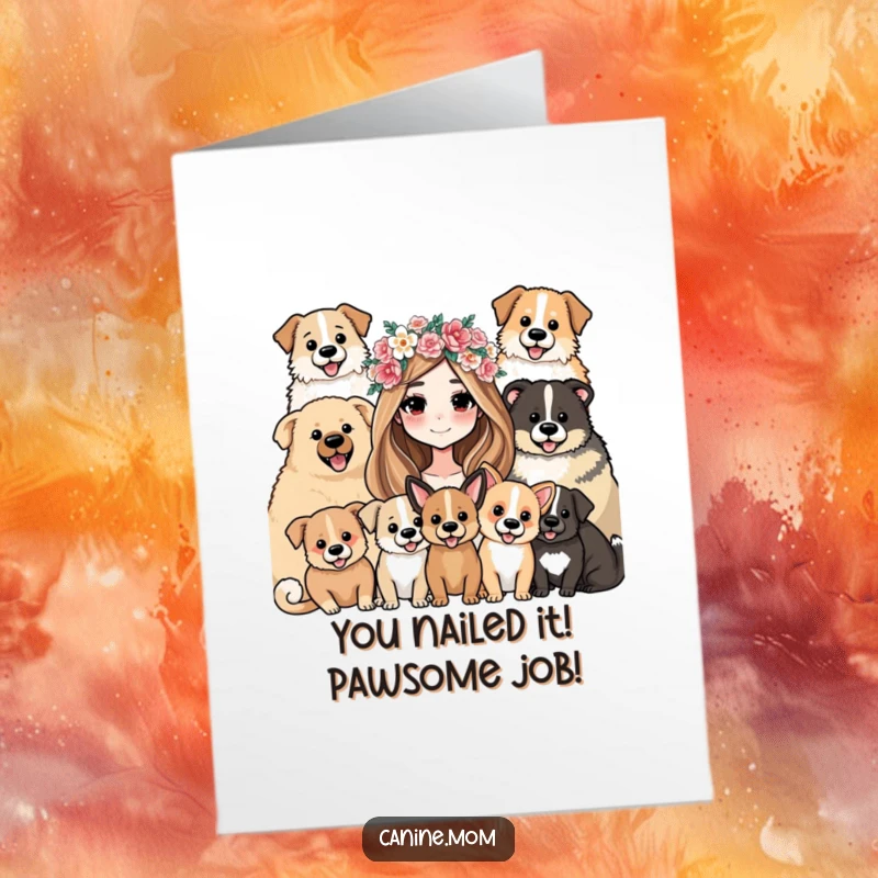 Funny Free Printable Congrats Card: Woman crowned with flowers, surrounded by dogs, celebrating a special achievement.