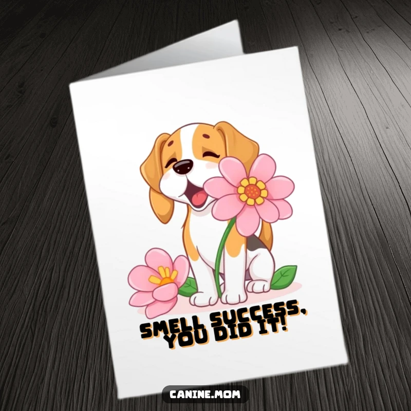 Funny Free Printable Congratulations Card featuring a beagle enthusiastically sniffing a dramatically oversized flower, symbolizing delightful achievements.