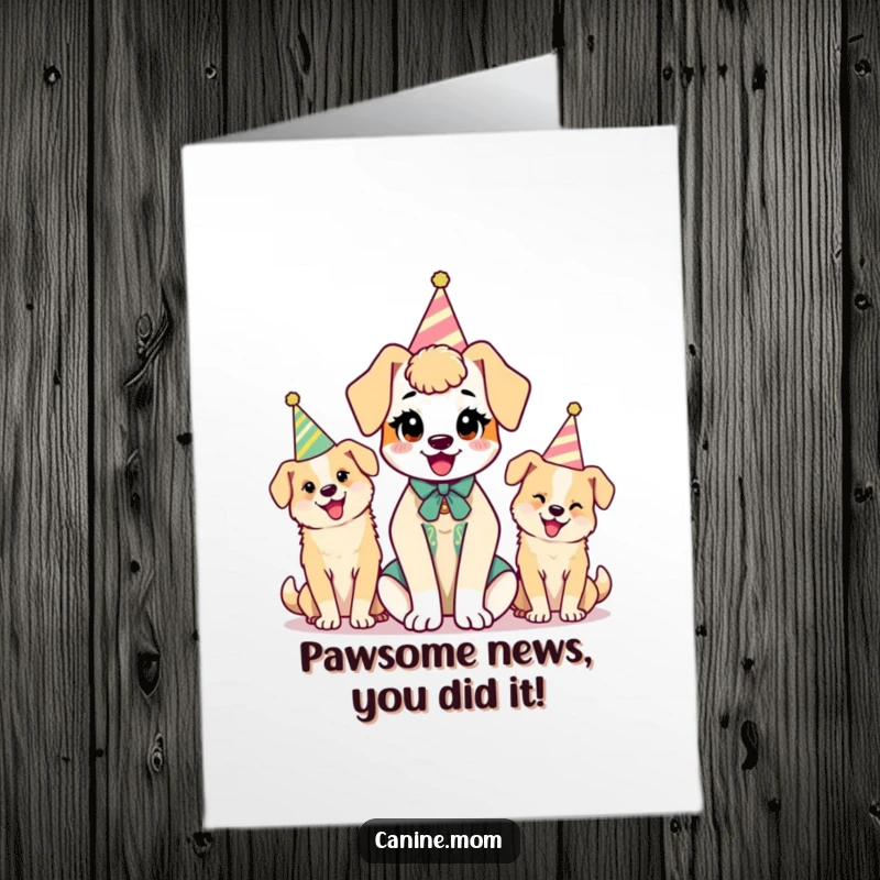 Funny Free Printable Congratulations Card: Kawaii dog lady and her dogs wearing party hats, celebrating success gaily.