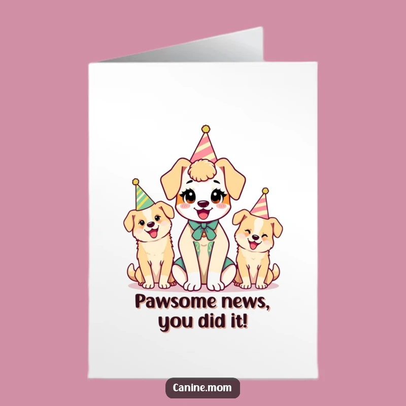 Free Printable Congrats Card: Kawaii Dog Lady & Party Hats Celebration Download