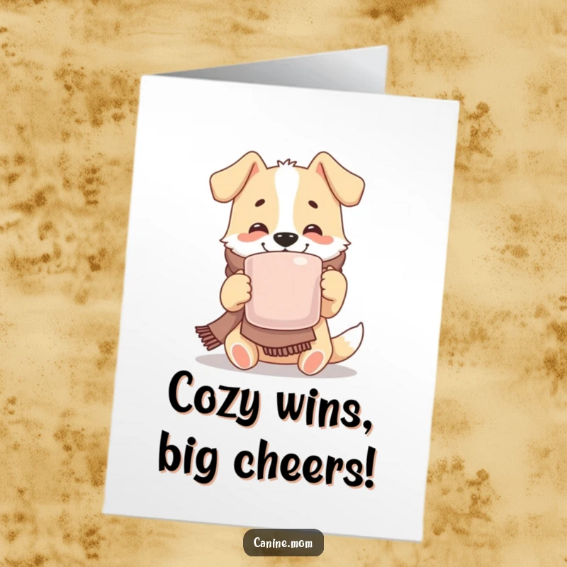 Funny Free Printable Congratulations Card: Dog wearing scarf, sipping mug, relaxed and happy, a comforting downloadable gift.