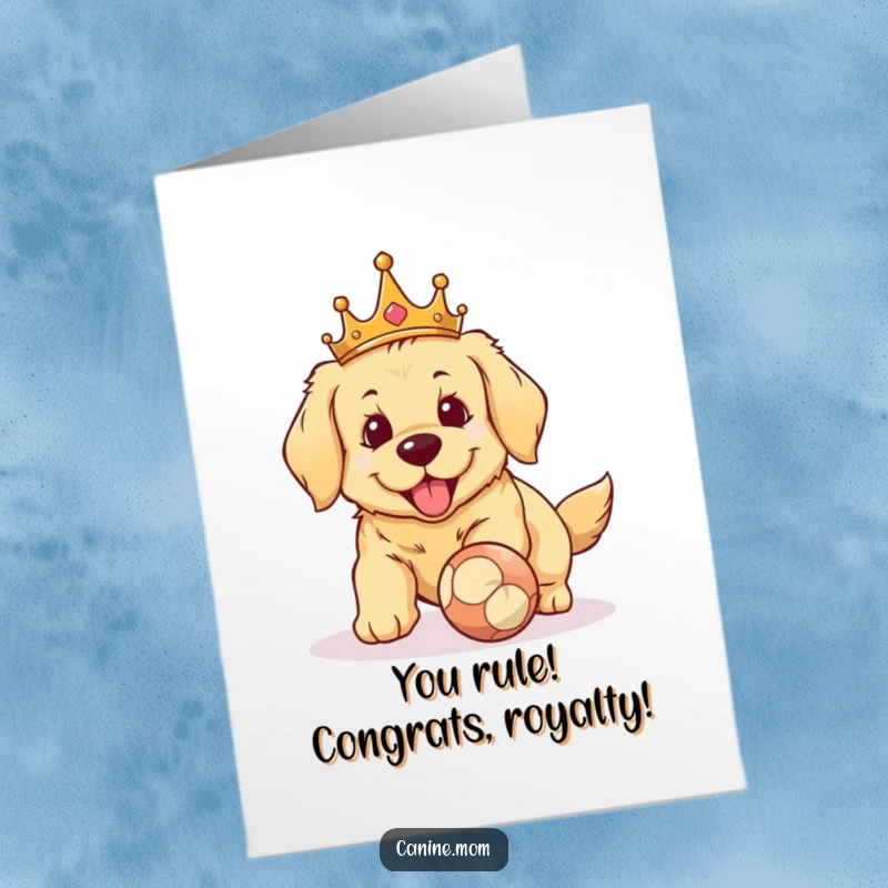 Funny free printable congratulations card showing a golden retriever king fetching a ball, symbolizing victory and fun.