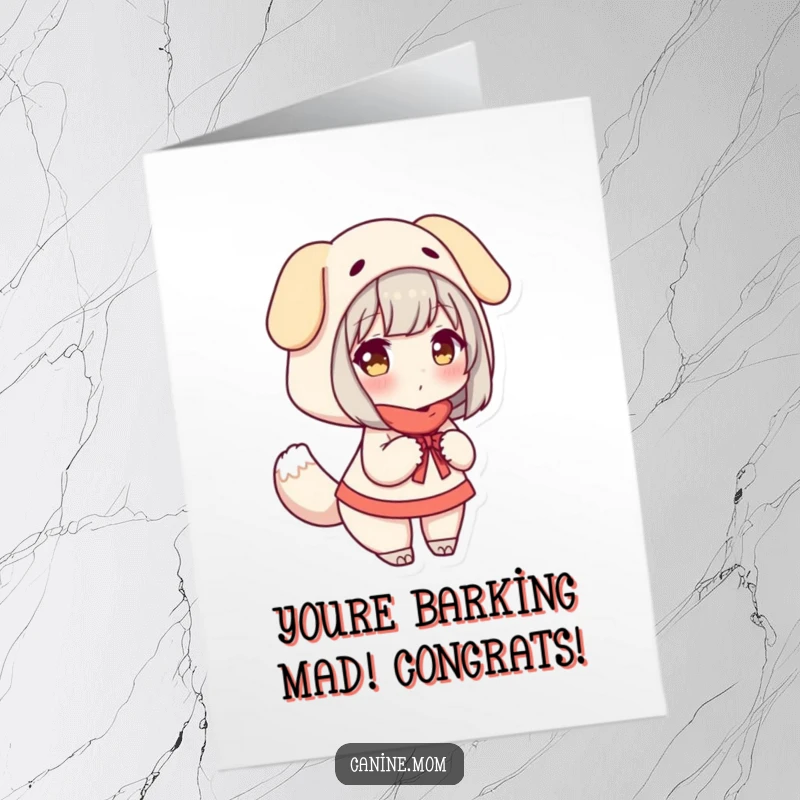 Funny Free Printable Congrats Card: Woman in a dog costume, happily wagging her tail, conveying jubilant congratulations.