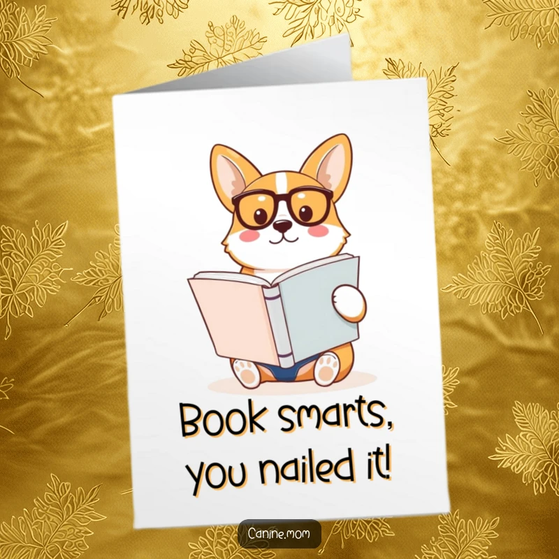 Funny Free Printable Congratulations Card featuring a corgi in glasses deeply focused on a book, signifying a wise success.