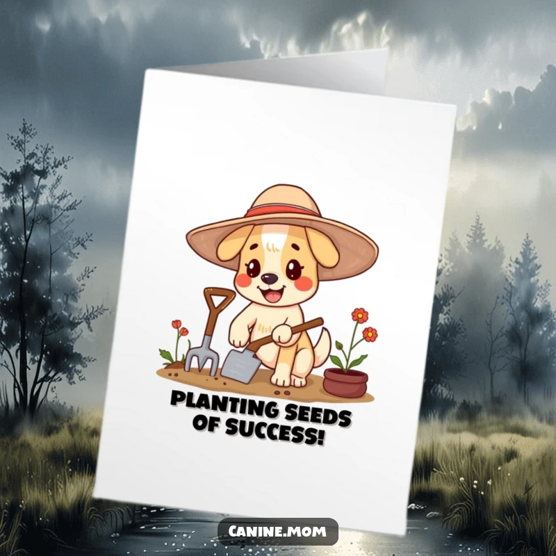 Funny Free Printable Congratulations Card: Happy dog in a floppy hat, gardening with a trowel, celebrating success.