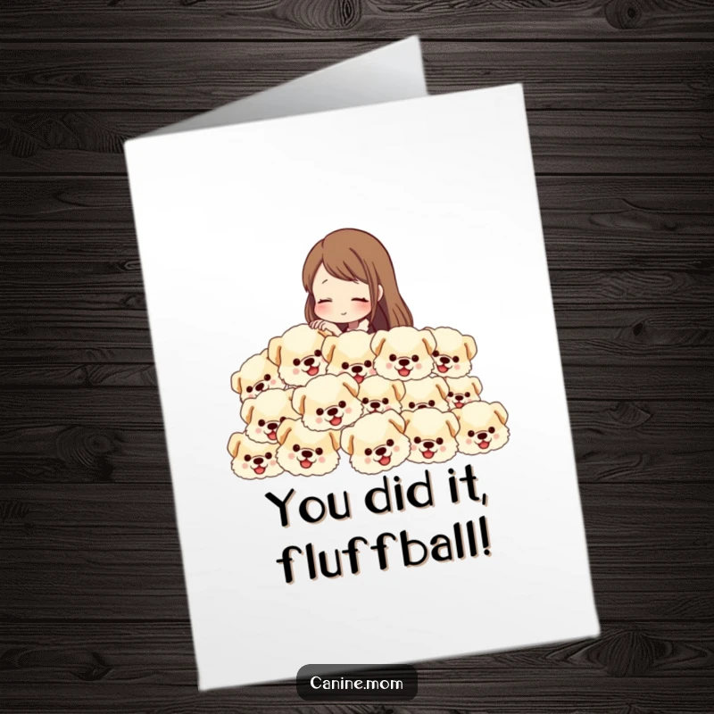 Free Printable Congrats Card: Woman petting a cascade of fluffy dog heads, celebration of achievements, downloadable art.