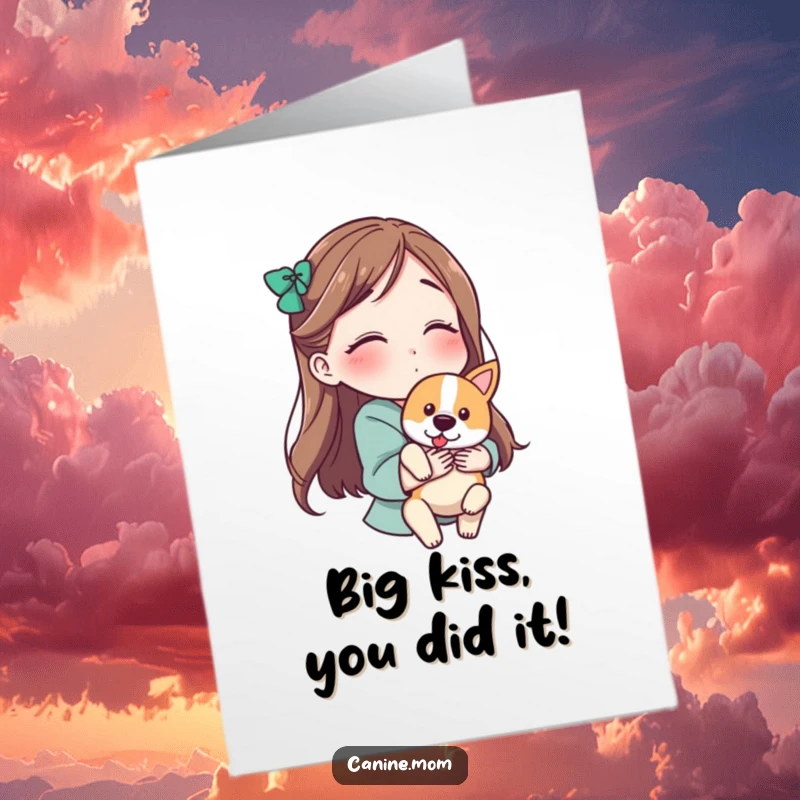 Free Printable Congrats Card: Woman holding a dog and blowing a kiss, celebrating success, downloadable art.