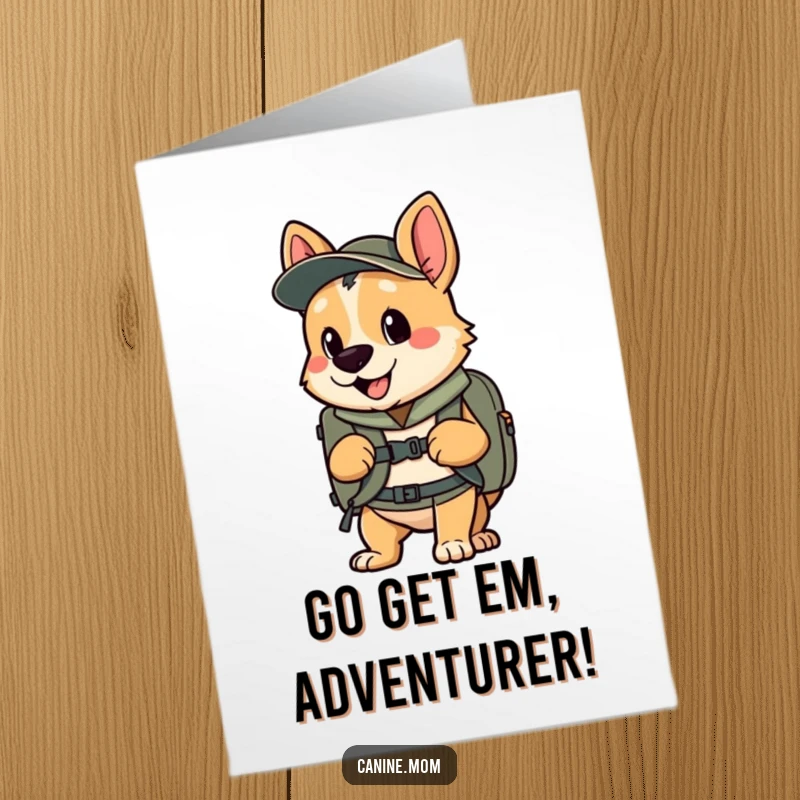 Funny Free Printable Congrats Card: Dog in a backpack, looking enthusiastic and ready for a new adventure or journey.