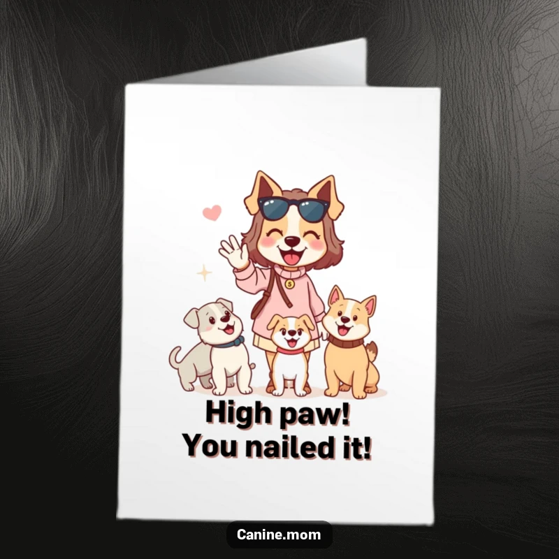 Funny free printable congratulations card: a dog lady enthusiastically waving hello to passing dogs, celebrating joyfully.