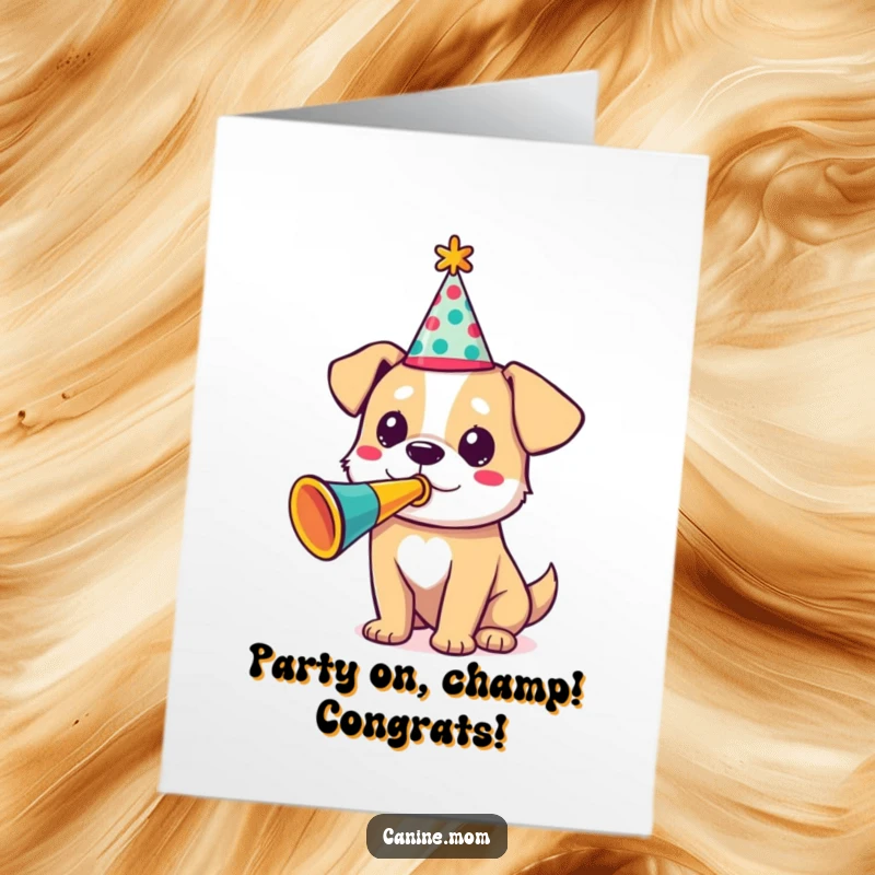 Funny Free Printable Congrats Card: Dog wearing a party hat, joyfully blowing a colorful trumpet to celebrate achievements.