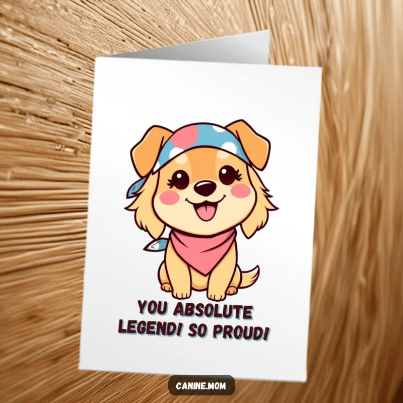 Funny Free Printable Congrats Card: Cheerful Kawaii dog lady celebrating achievements with a big happy smile.