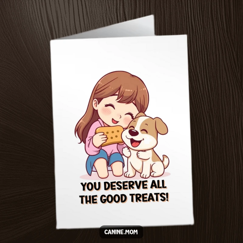 Funny Free Printable Congrats Card: Woman and dog sharing a giant biscuit, a symbol of shared celebration.