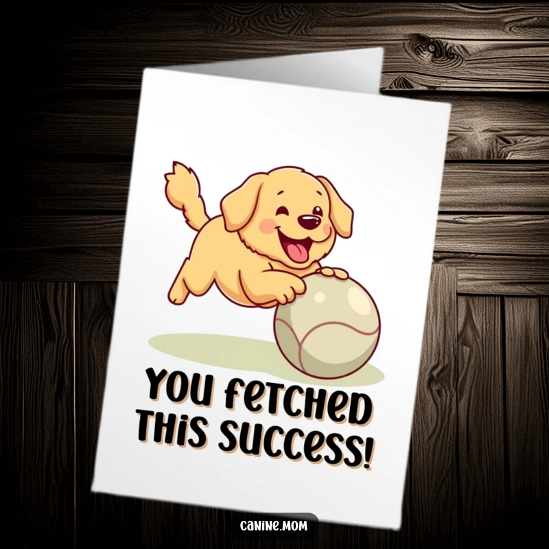 Funny Free Printable Golden Retriever Congratulations Card: Energetic dog with a giant ball celebrates success.