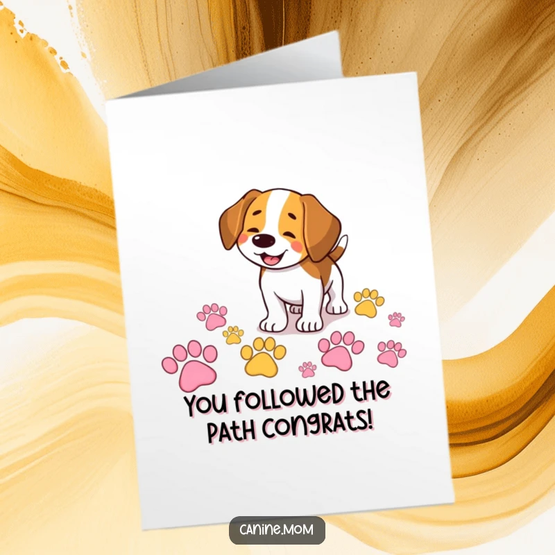 Funny Free Printable Congrats Card with a smiling beagle following a colorful trail of giant paw prints in celebration.
