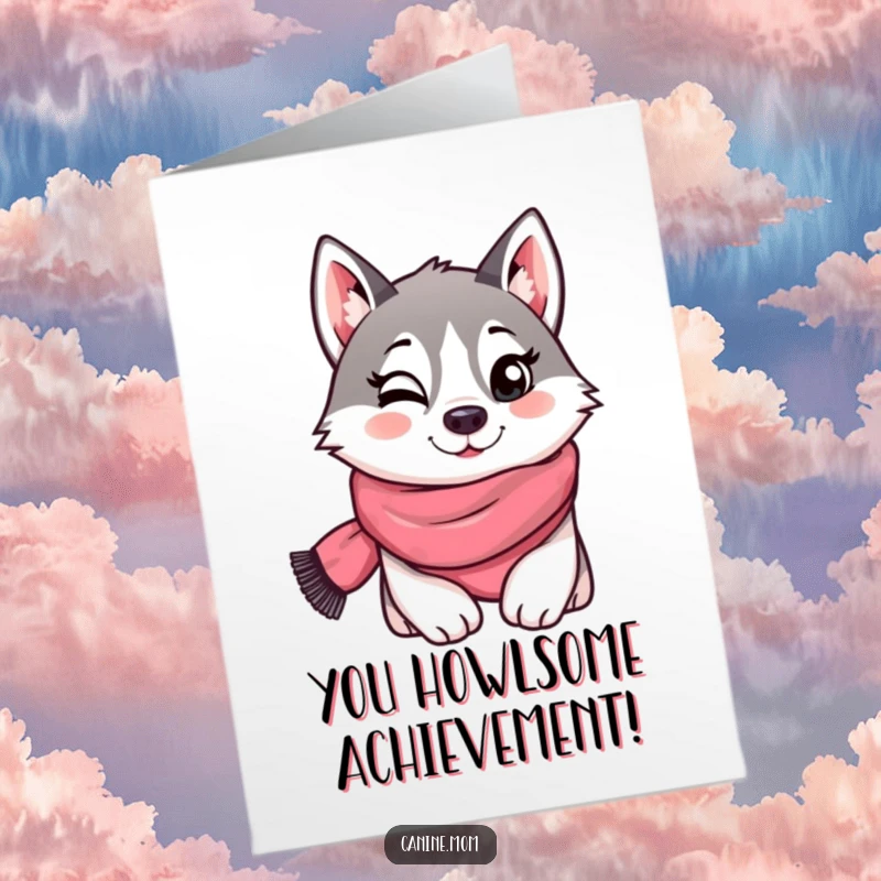 Funny Free Printable Congrats Card: A cool husky with a scarf winks, perfect for a stylish downloadable congrats.