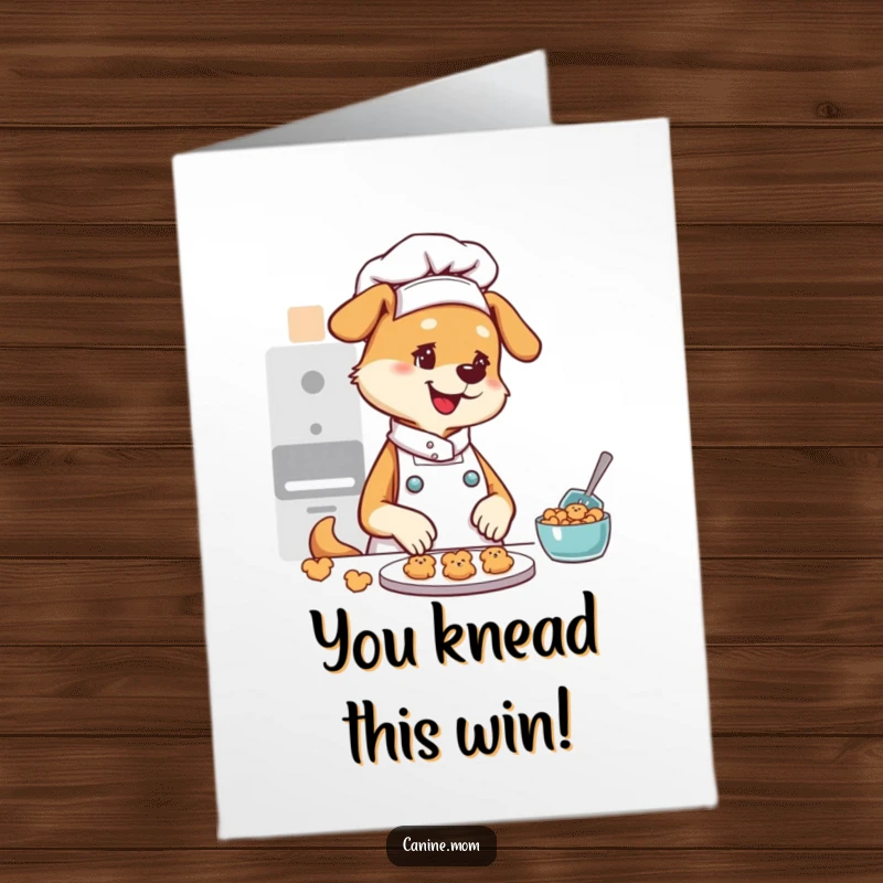 Funny Free Printable Congratulations Card: Dog lady chef proudly displays tiny dog cookies, a delicious DIY celebration gift.