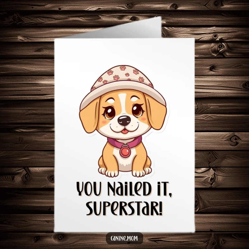 Funny Free Printable Dog Lady Congratulations Card: Woman in paw print hat cheering with excitement.
