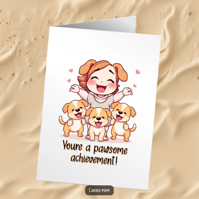 Funny Free Printable Congrats Card: A delighted dog lady gleefully juggles three energetic puppies, celebrating with pure joy.
