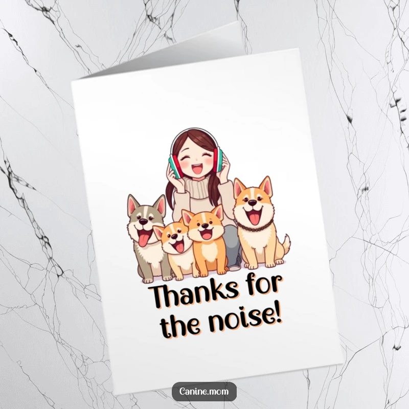 Funny Free Printable Thank You Card: Woman enduring happy dog barks, conveys extreme gratitude, DIY gift.