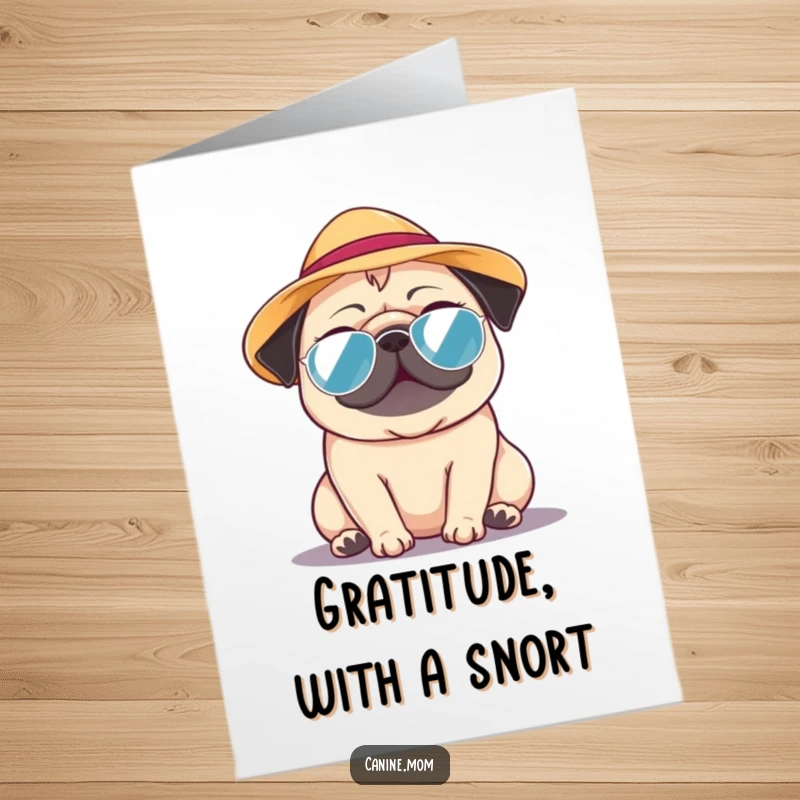 Funny Free Printable Thank You Card featuring a cute pug in a sun hat, offering thanks with a warm, sunny disposition.