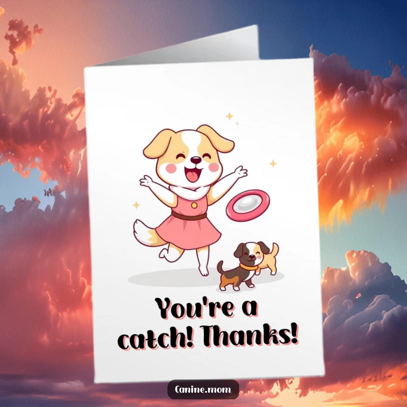 Funny Free Printable Thank You Card: Kawaii dog lady in action, throwing a frisbee for dogs.
