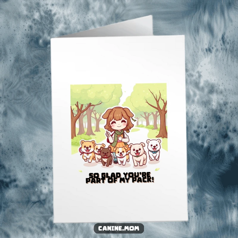 Funny Free Printable Thank You Card: Kawaii dog lady with happy dogs playing freely in a park.