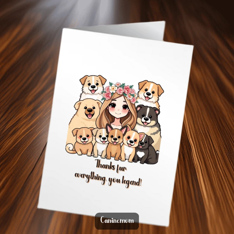 Funny Free Printable Thank You Card: Woman with flower crown and dogs radiating gratitude, a sweet and funny thank you.