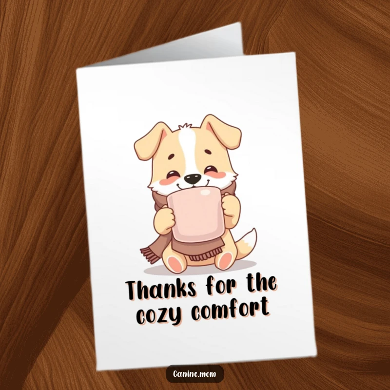 Funny Free Printable Thank You Card: Dog in scarf sipping a mug, conveying warm thanks, a cozy downloadable gift.