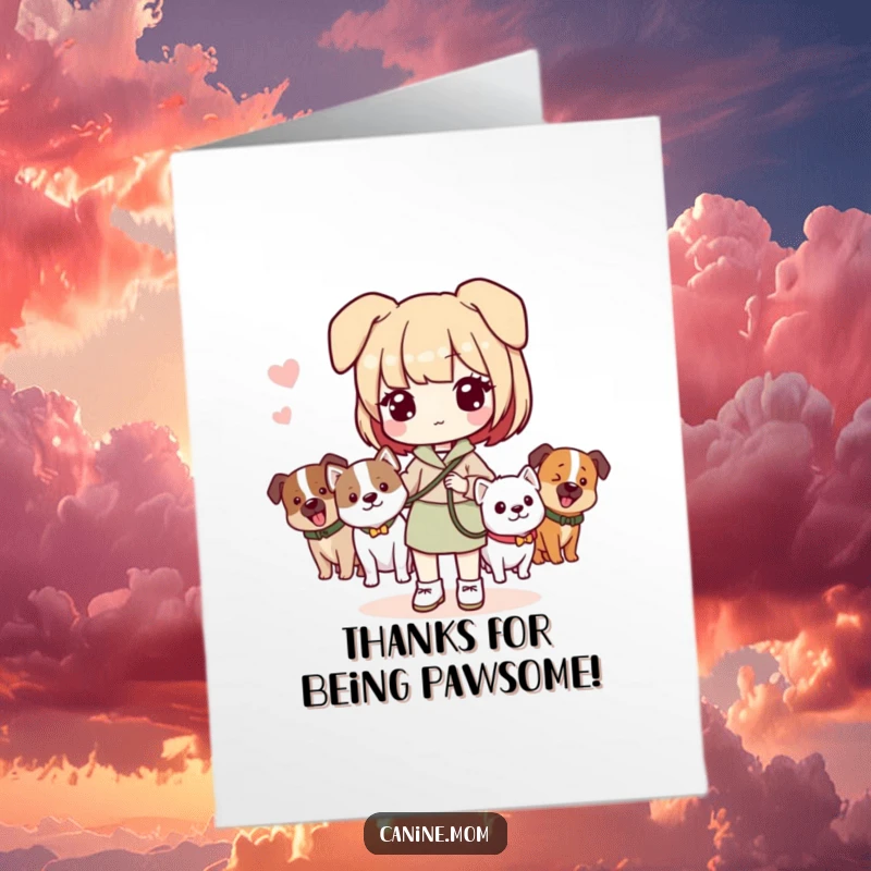 Funny Free Printable Thank You Card featuring a Kawaii dog lady with her furry companions.