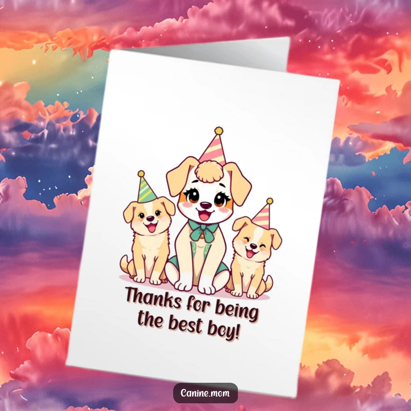 Funny Free Printable Thank You Card: Kawaii dog lady with dogs in party hats, showing appreciation with a smile.