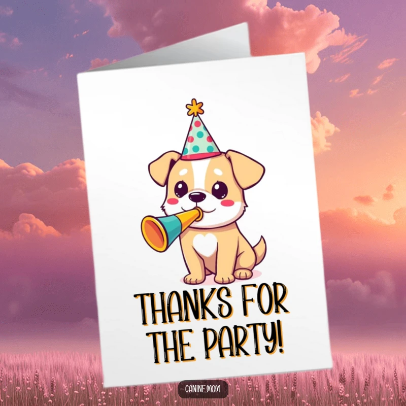 Funny Free Printable Thank You Card: A dog in a party hat enthusiastically blows a trumpet, conveying thanks with playful energy.