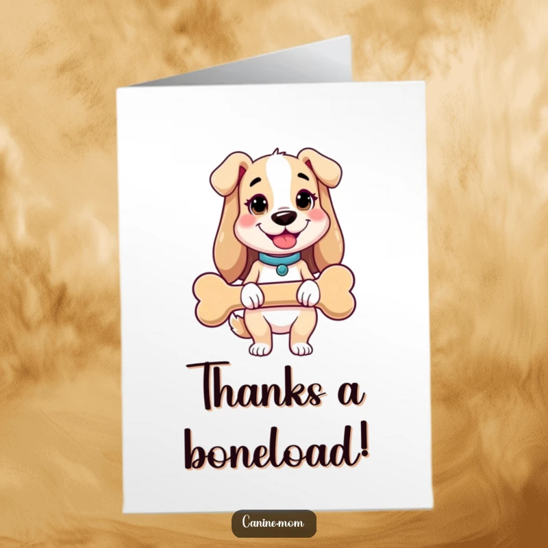 Funny free printable thank you card: a cheerful dog lady holding a giant dog bone, generously sharing her joy.