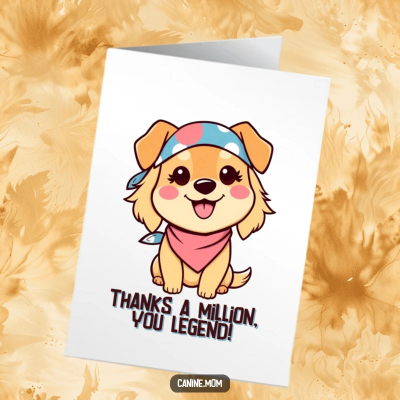 Funny Free Printable Thank You Card: Grateful Kawaii dog lady with bandana, big smile, expressing thanks.