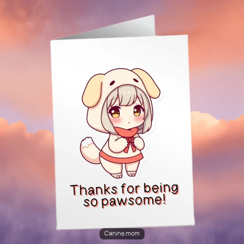 Funny Free Printable Thank You Card: Woman in a dog costume wagging her tail, a comical and heartfelt thank you.