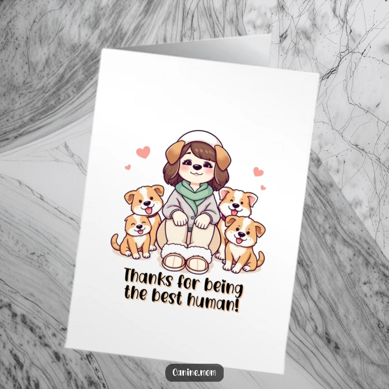 Funny Free Printable Thank You Card: A snug dog lady lounging with her adoring, happy furry friends.