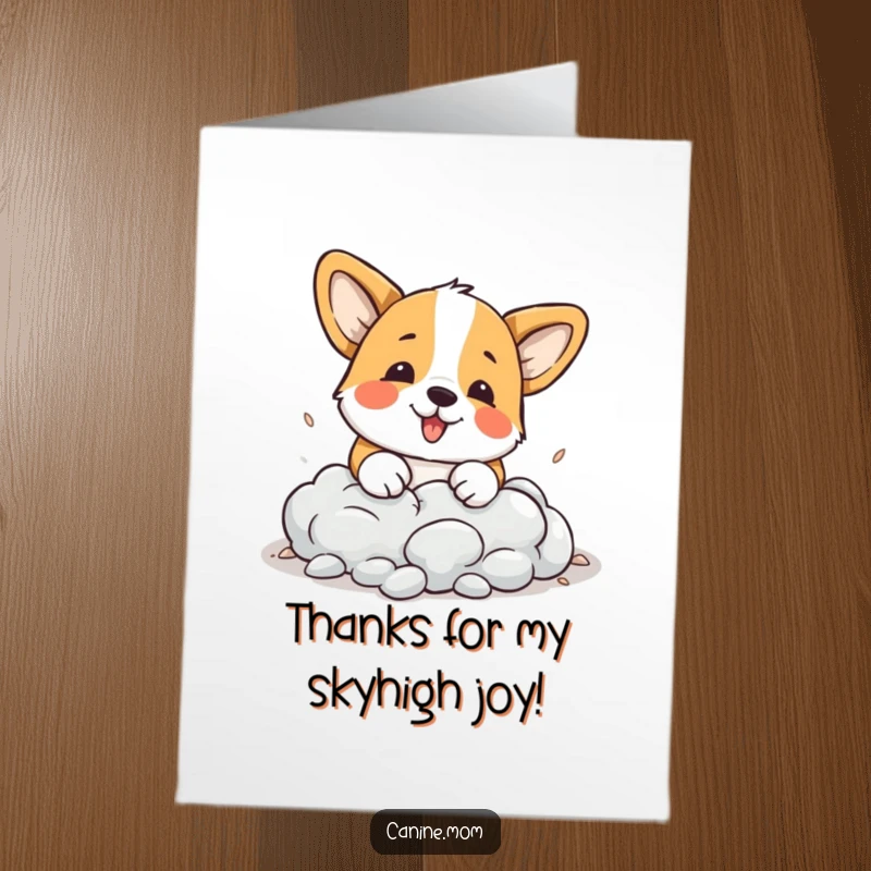 Funny Free Printable Corgi Thank You Card: Charming corgi digging into a cloud, sending thanks.